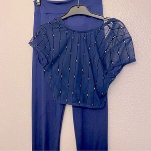 Kelle dance 2 piece blue mesh flocked crop top leggings pants light switch MA